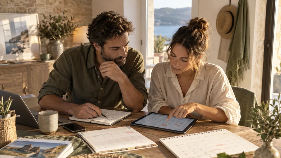 Comment définir des séjours du samedi au samedi sur Airbnb Deux adultes vérifient les disponibilités sur une tablette et un calendrier.