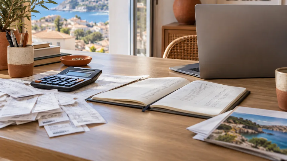 Calculatrice et documents de location sur un bureau.