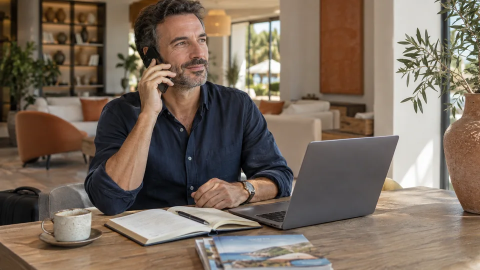 Comment joindre Airbnb par téléphone Un homme contacte une assistance par téléphone près d’un ordinateur.