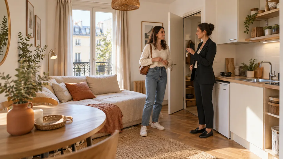 Deux femmes visitent un studio lumineux avec une kitchenette.