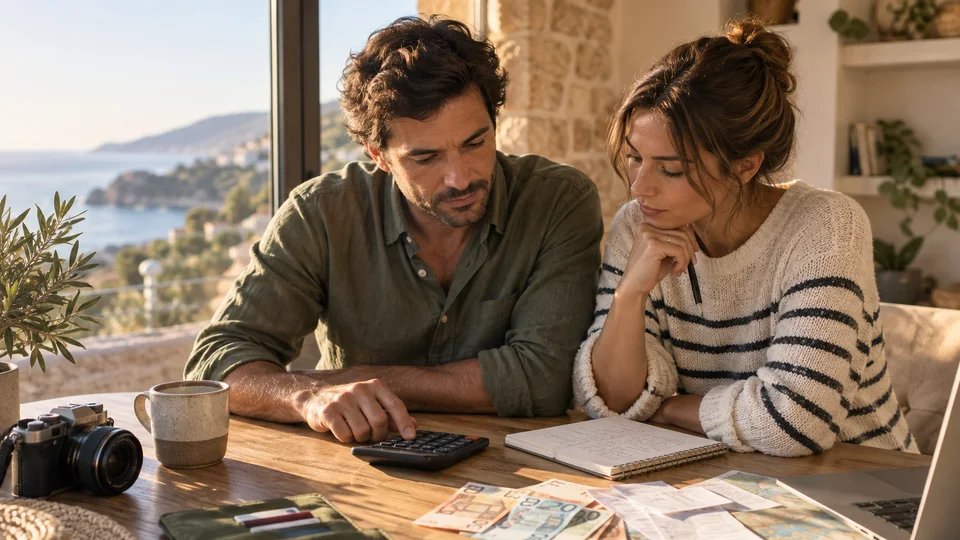 Deux adultes préparent un budget de séjour avec une calculatrice.
