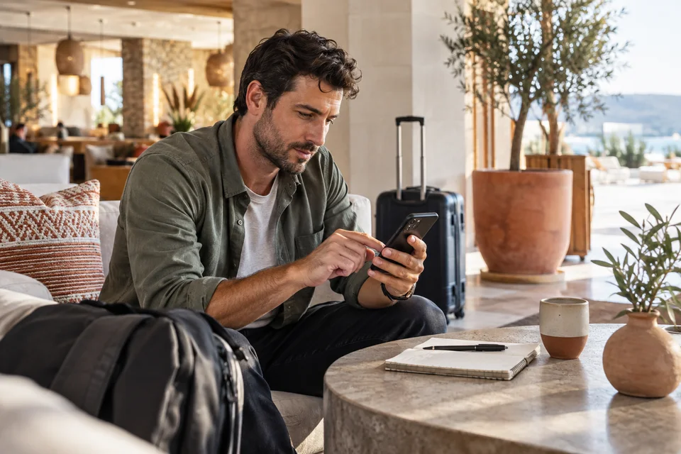 Avis Airbnb jugé injustifié : comment réagir ? Un homme rédige un avis sur un téléphone dans un hébergement.
