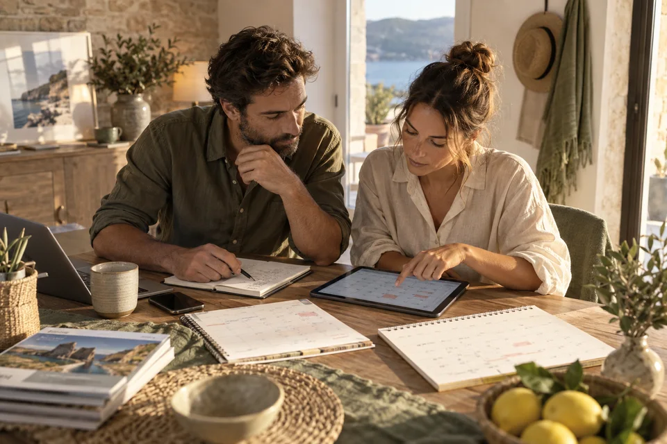 Comment définir des séjours du samedi au samedi sur Airbnb Deux adultes vérifient les disponibilités sur une tablette et un calendrier.
