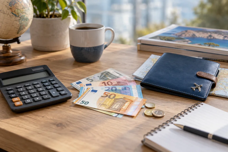 Calculatrice et budget de séjour sur une table.