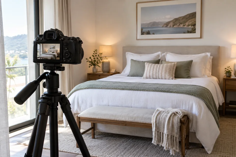 Appareil photo sur trépied prêt à photographier une chambre Appareil photo sur trépied prêt à photographier une chambre.
