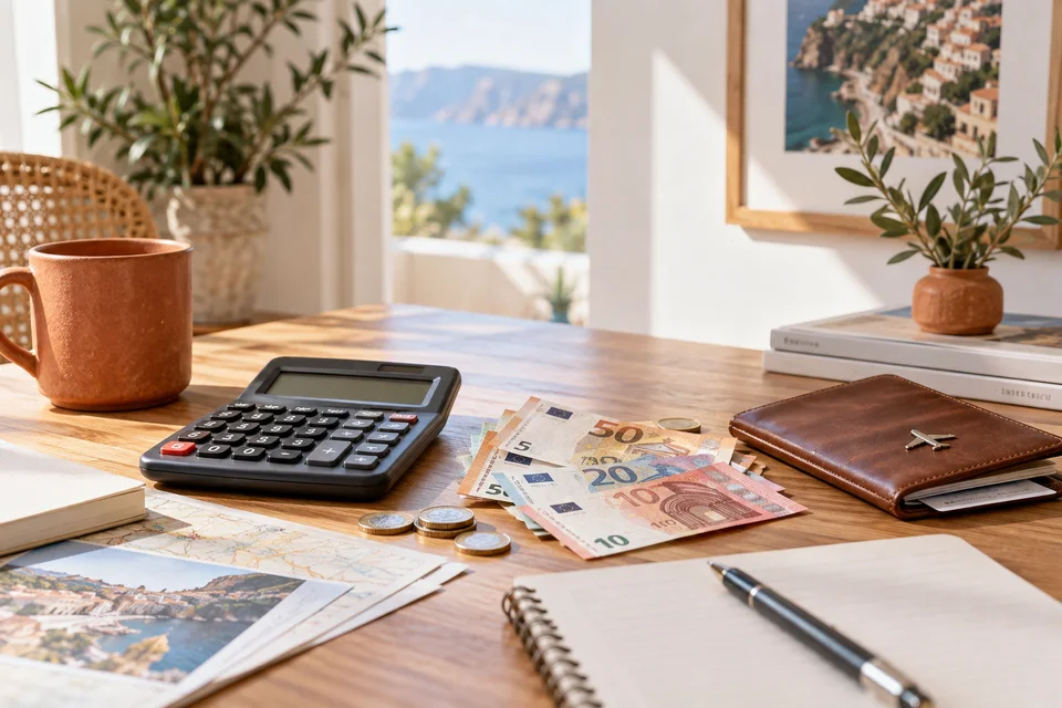 Calculatrice et budget de séjour sur une table.