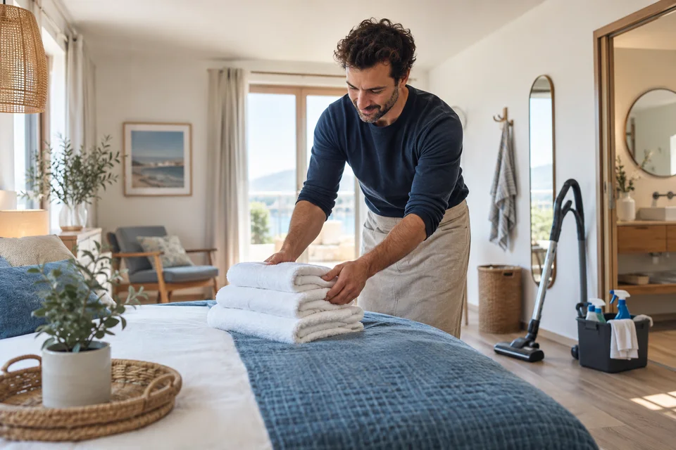 Comment ajouter des frais de ménage sur Airbnb Un homme prépare un logement avec du linge propre et du matériel de ménage.