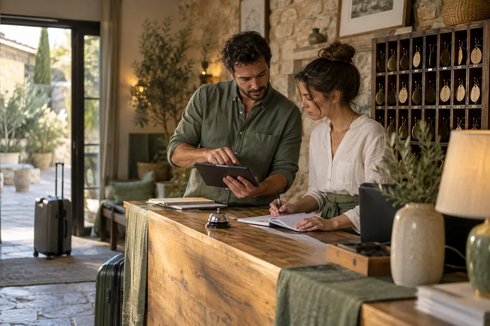 Deux adultes organisent les arrivées à la réception d’un hébergement.