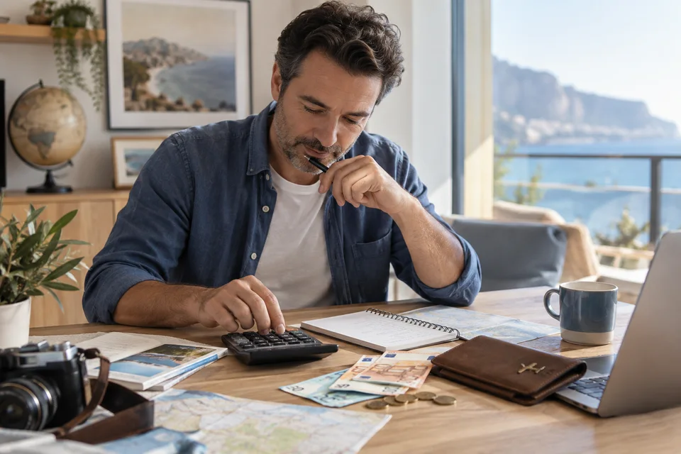 Un homme prépare un budget de séjour avec une calculatrice.