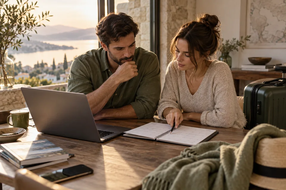 Deux adultes consultent un calendrier de voyage à côté d’une valise.