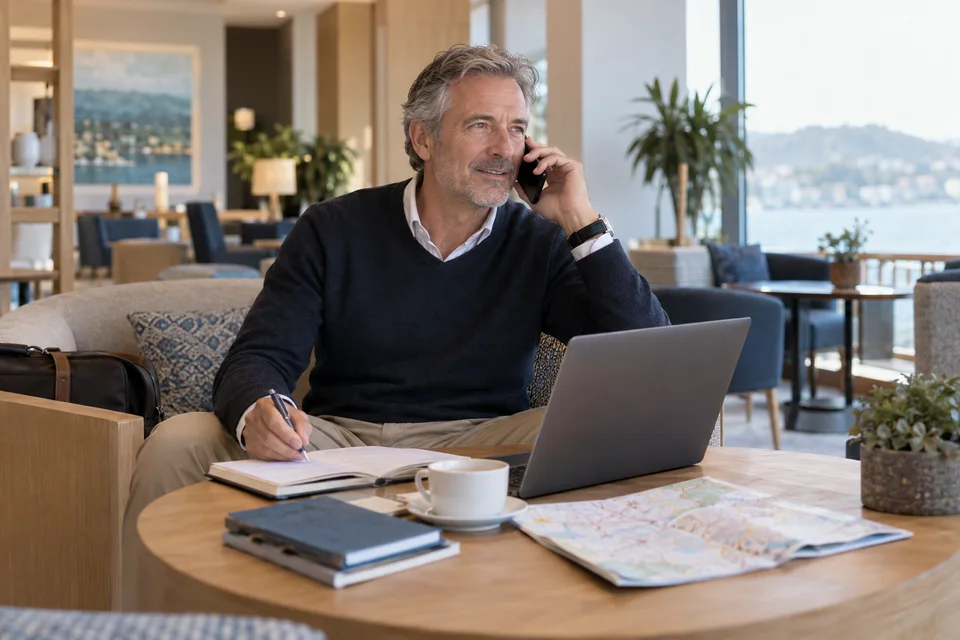Comment contacter Airbnb Un homme contacte une assistance par téléphone près d’un ordinateur.
