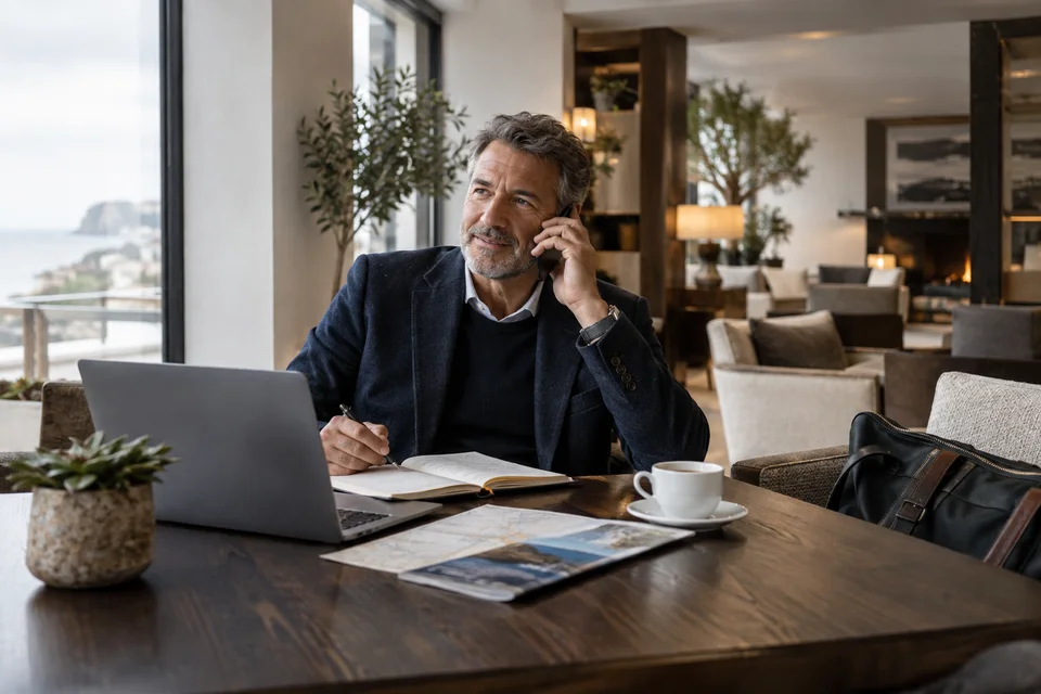 Comment contacter Booking.com par téléphone Un homme contacte une assistance par téléphone près d’un ordinateur.