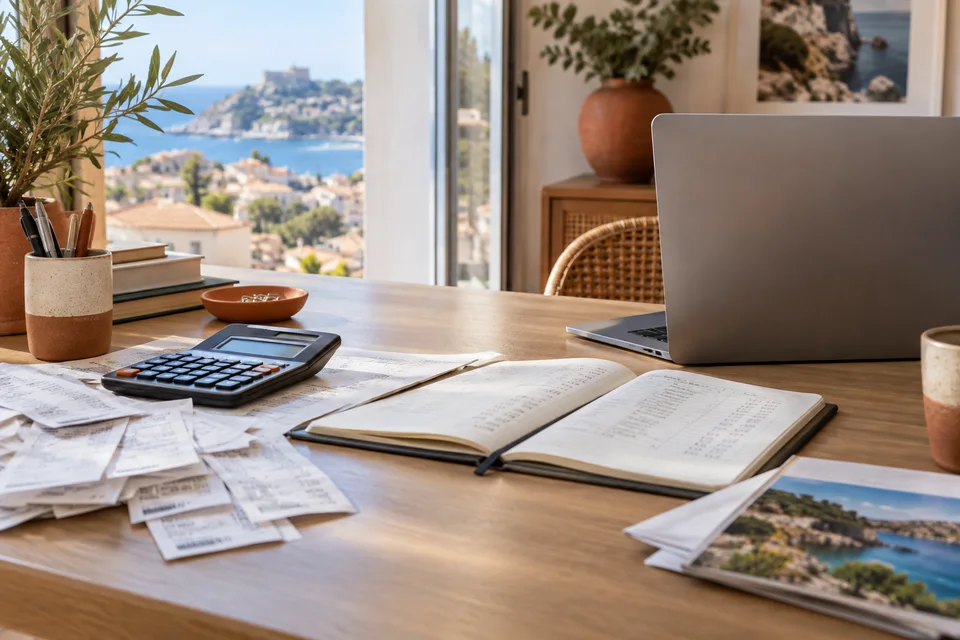 Revenus Airbnb et impôts : préparer ses démarches Calculatrice et documents de location sur un bureau.