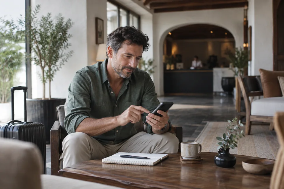 Comment déposer un avis sur Booking.com Un homme rédige un avis sur un téléphone dans un hébergement.