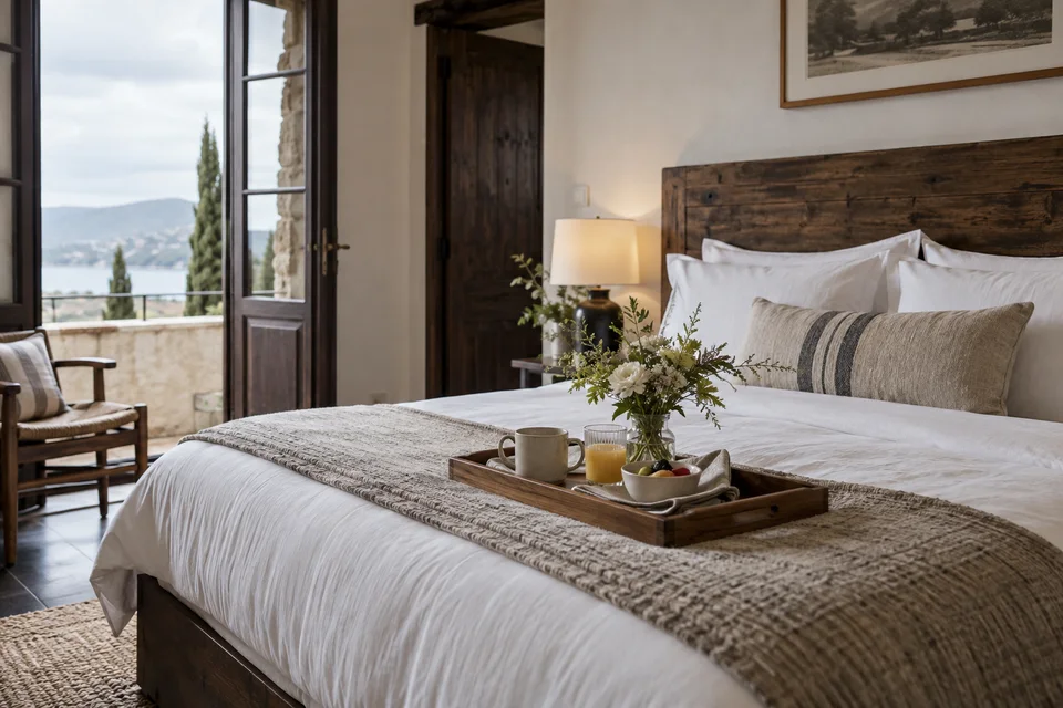 Comment fonctionne le statut Superhôte Airbnb ? Chambre préparée avec linge frais et plateau d’accueil.