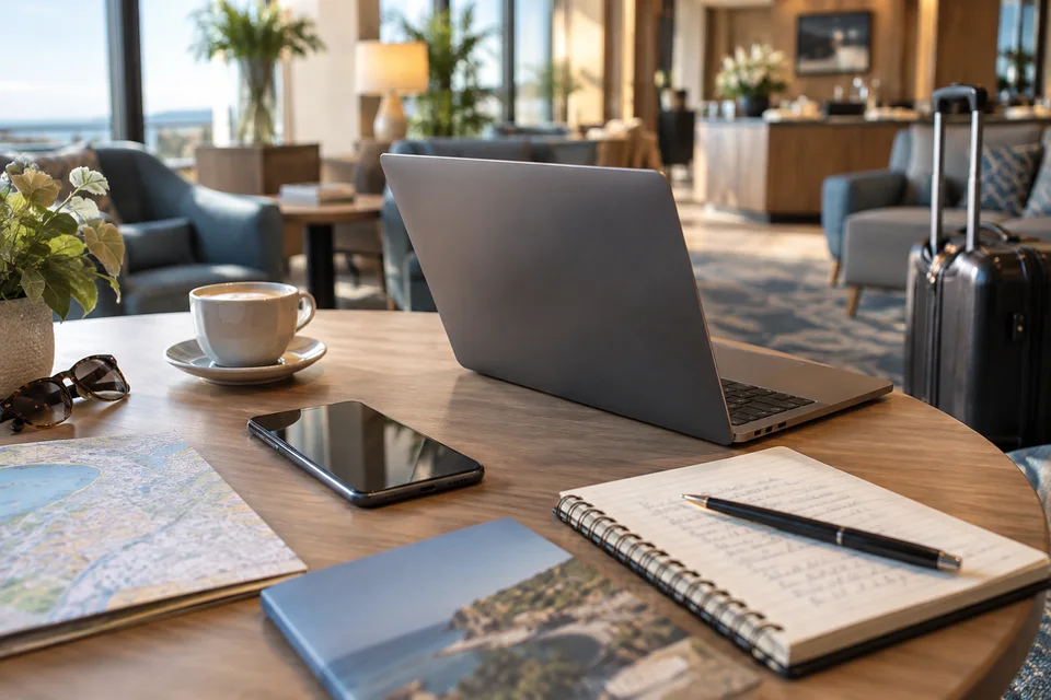 Comment envoyer un message à Booking.com Téléphone, ordinateur et notes de voyage.