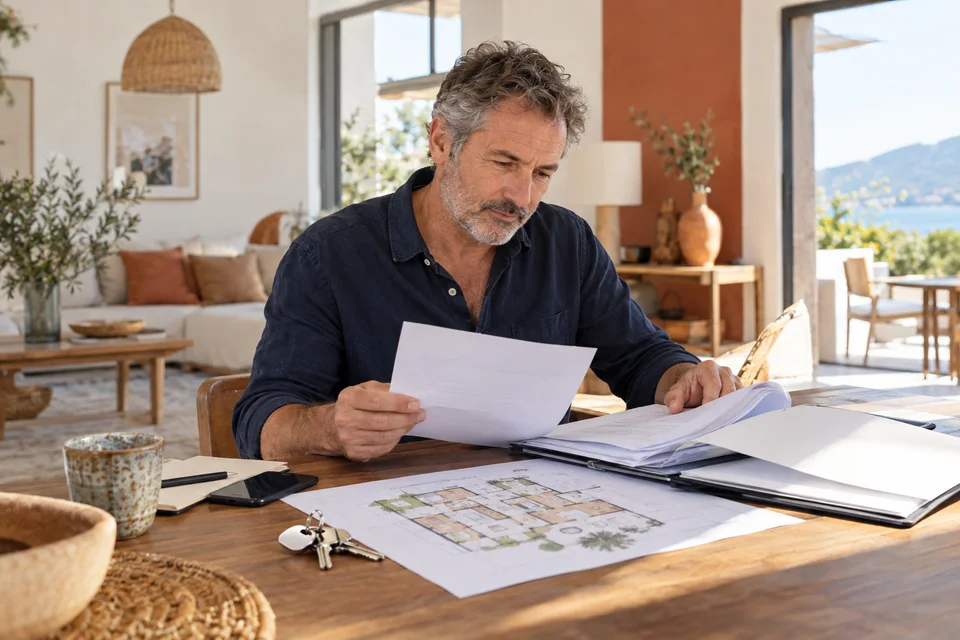 Comment faire classer son meublé de tourisme Un homme examine un dossier de location et un plan de logement.