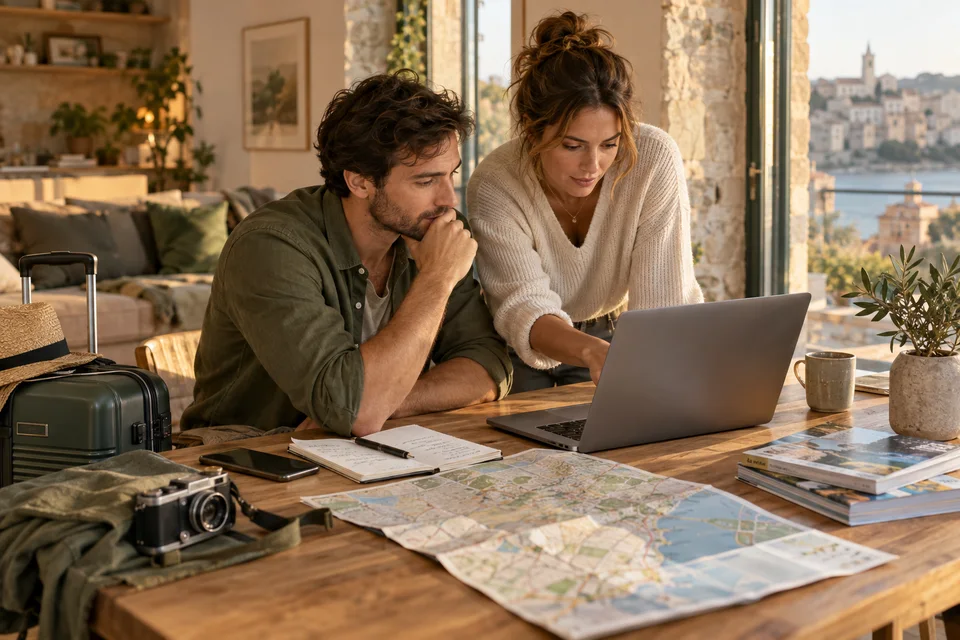 Comment fonctionne Airbnb pour un nouvel hôte ? Deux adultes préparent une réservation avec un ordinateur et une carte de voyage.