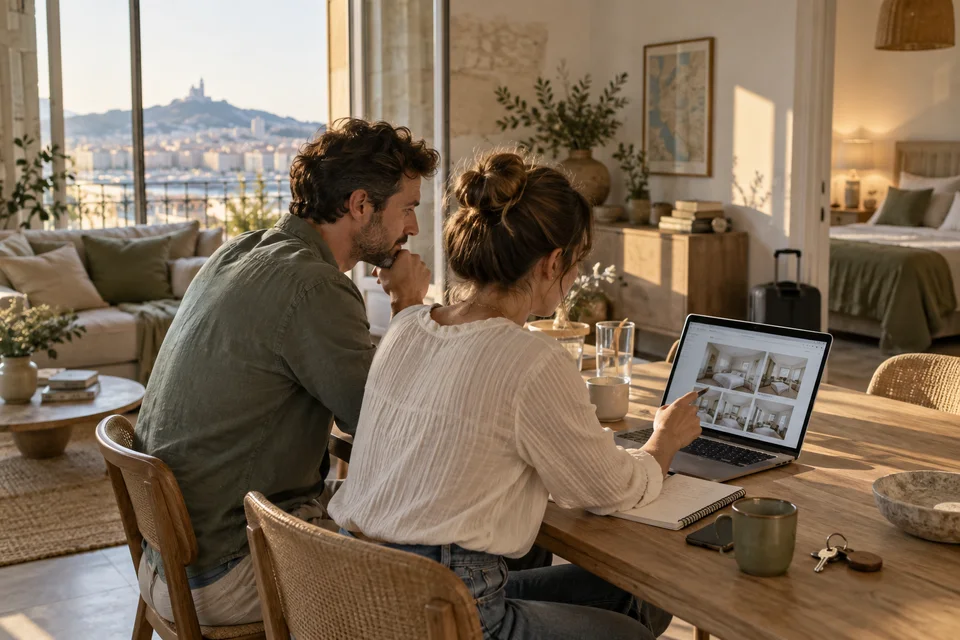 Deux adultes préparent une annonce de location dans un appartement meublé.