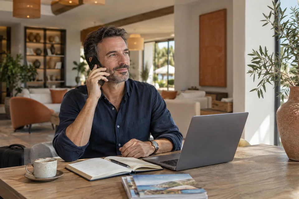 Comment joindre Airbnb par téléphone Un homme contacte une assistance par téléphone près d’un ordinateur.