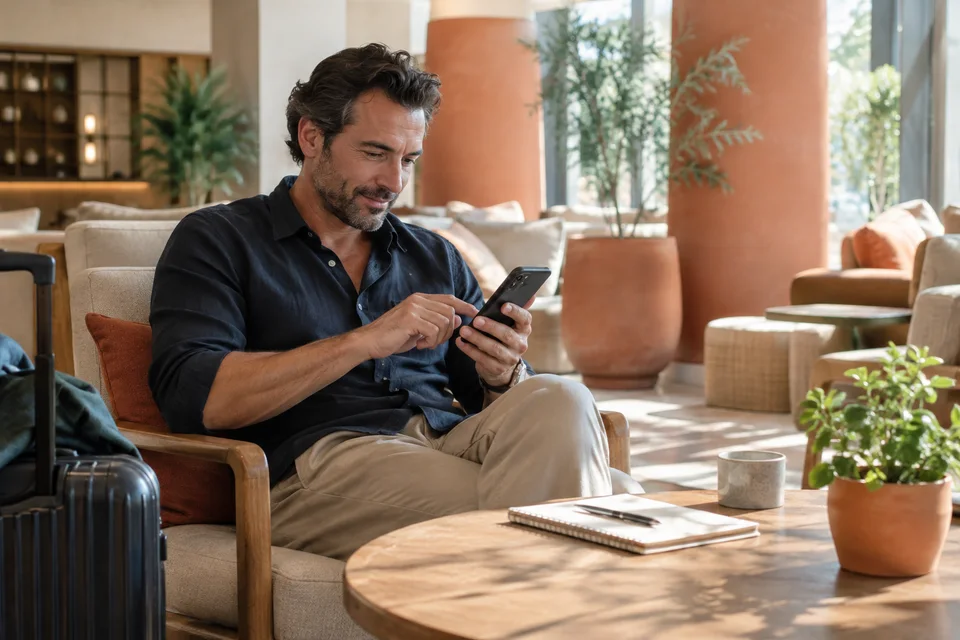 Comment laisser un commentaire sur Booking.com Un homme rédige un avis sur un téléphone dans un hébergement.
