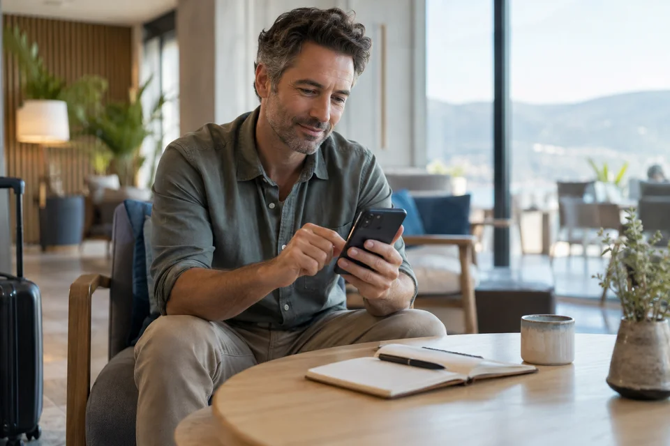 Un homme rédige un avis sur un téléphone dans un hébergement.