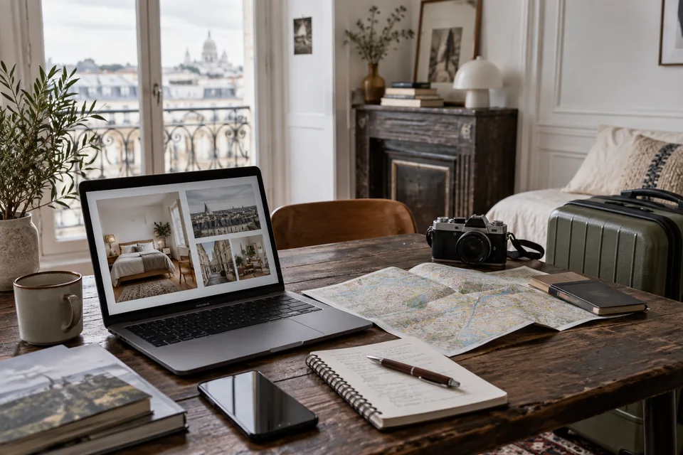Comment louer son appartement sur Airbnb Ordinateur, carte et valise pour préparer un séjour.