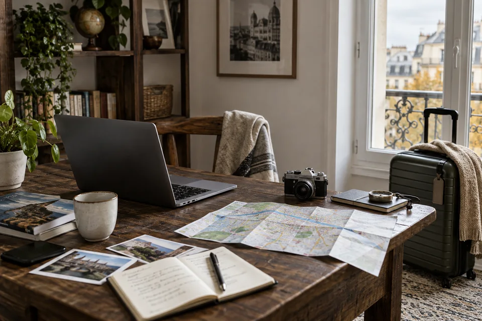 Comment louer sur Airbnb : guide de départ Ordinateur, carte et valise pour préparer un séjour.