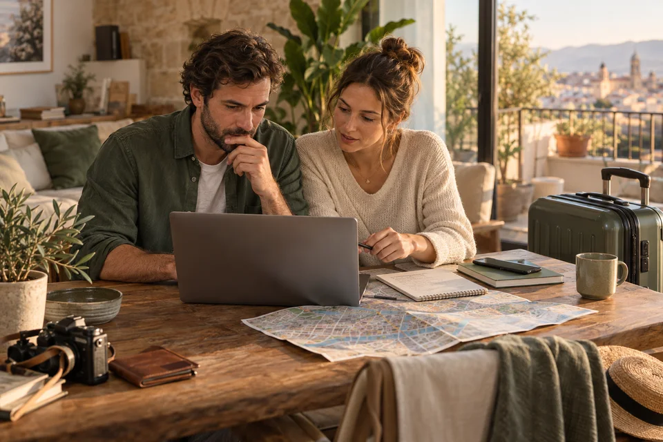 Comment fonctionne Booking.com ? Deux adultes préparent une réservation avec un ordinateur et une carte de voyage.