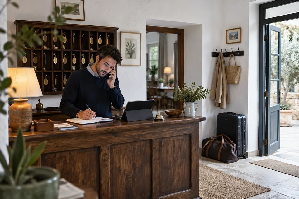 Un homme organise les arrivées à la réception d’un hébergement.