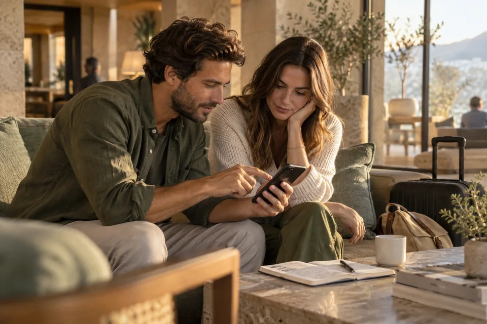 Deux adultes rédigent un avis sur un téléphone dans un hébergement.