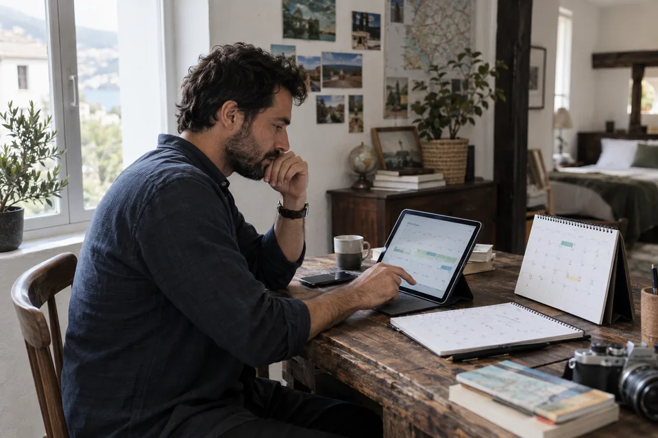 Comment fixer une durée minimale de séjour sur Booking.com Un homme vérifie les disponibilités sur une tablette et un calendrier.