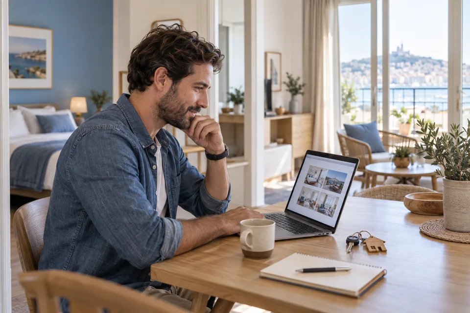 Comment publier une annonce sur Booking.com Un homme prépare une annonce de location dans un appartement meublé.