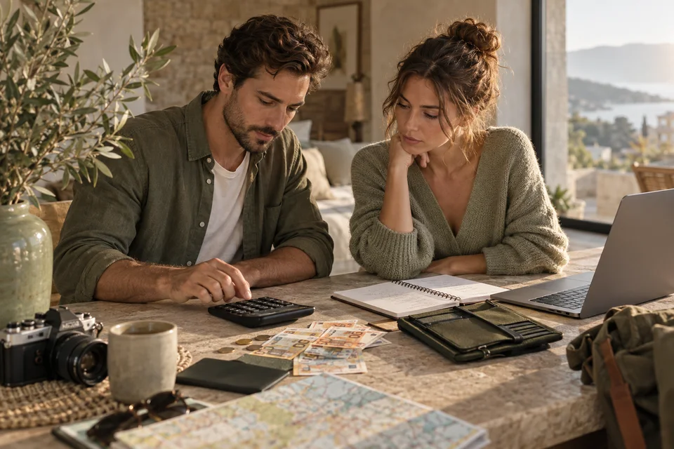 Deux adultes préparent un budget de séjour avec une calculatrice.