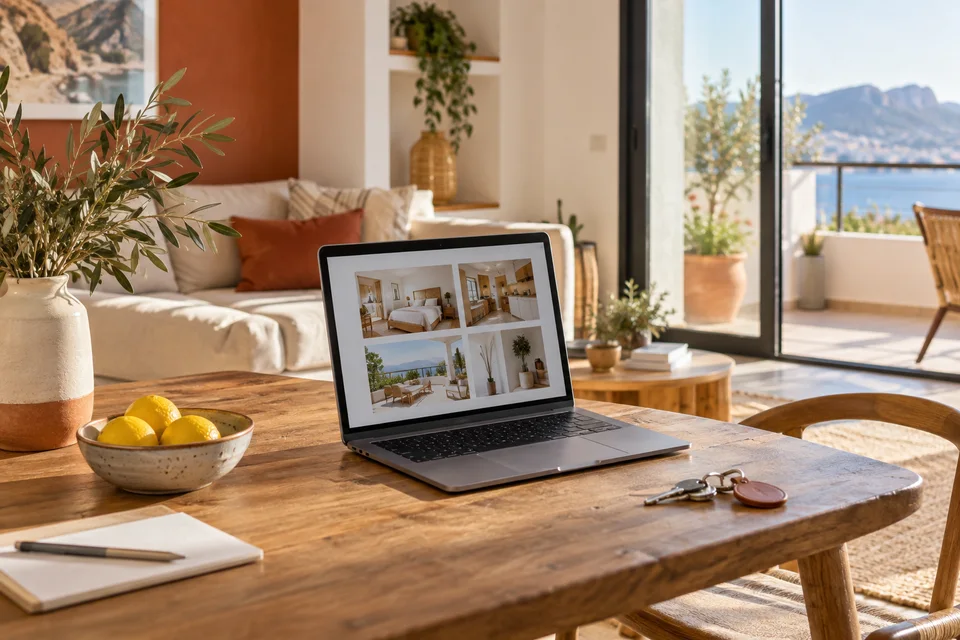 Comment modifier son annonce sur Airbnb Ordinateur et clés dans un appartement meublé.