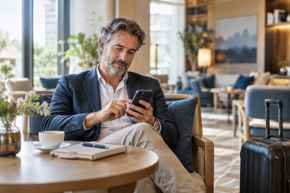 Comment attribuer une note sur Booking.com Un homme rédige un avis sur un téléphone dans un hébergement.