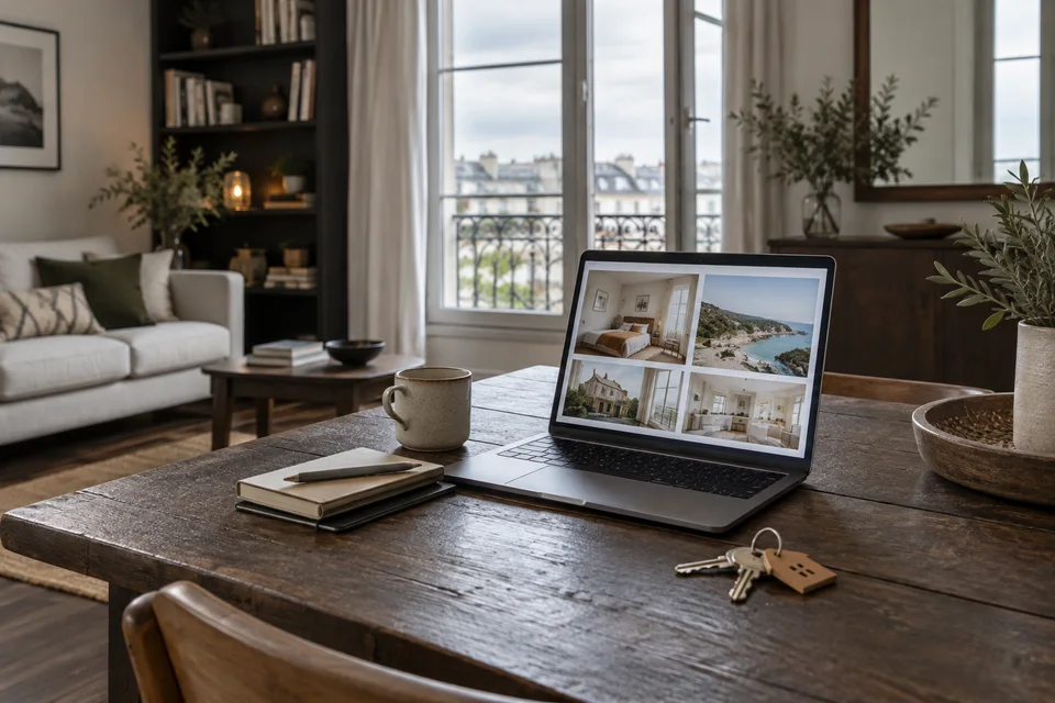 Réserver en dehors d’Airbnb : les points de vigilance Ordinateur et clés dans un appartement meublé.
