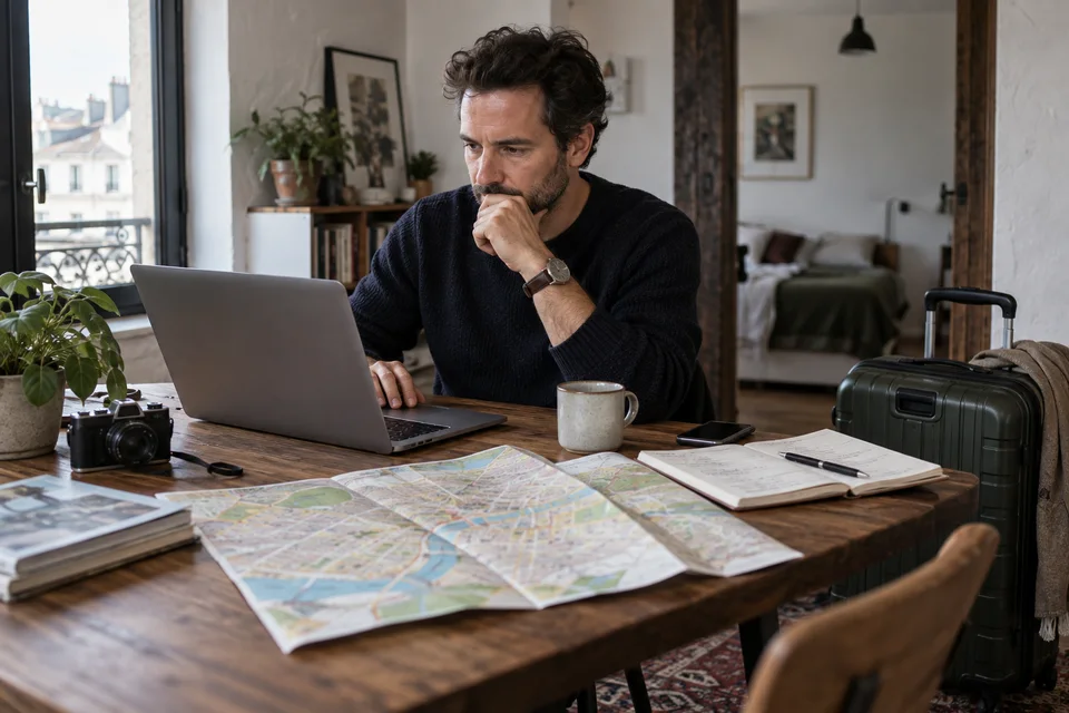 Comment réserver un séjour sur Airbnb Un homme prépare une réservation avec un ordinateur et une carte de voyage.
