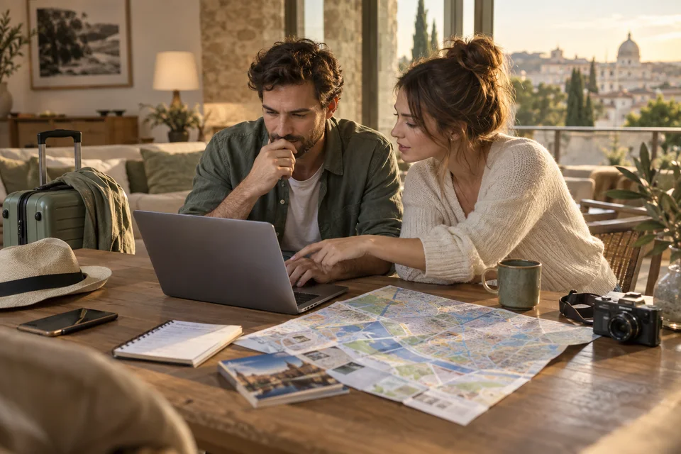 Comment réserver un hôtel sur Booking.com Deux adultes préparent une réservation avec un ordinateur et une carte de voyage.