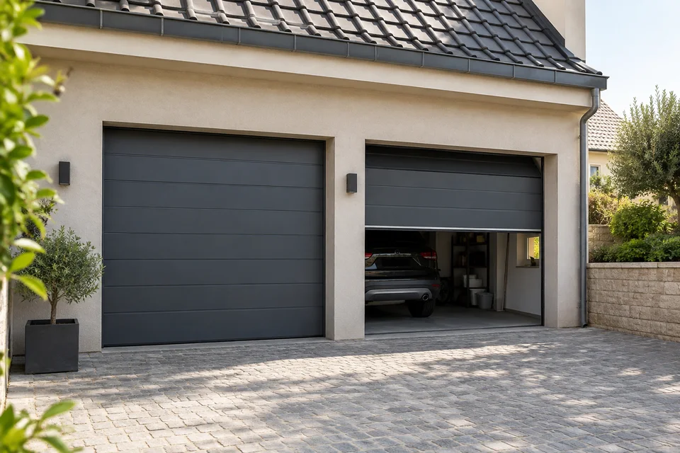 Portes de garages dans une cour résidentielle.