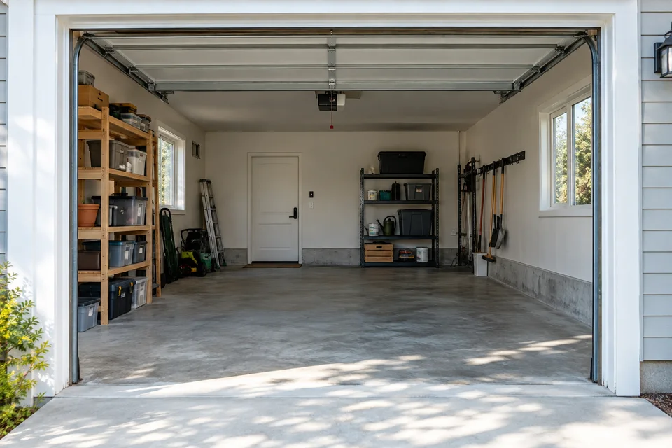 Intérieur d’un garage résidentiel ouvert.