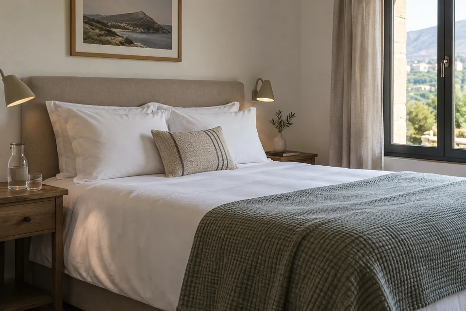 Chambre d’accueil avec linge frais et carafe d’eau Chambre d’accueil avec linge frais et carafe d’eau.