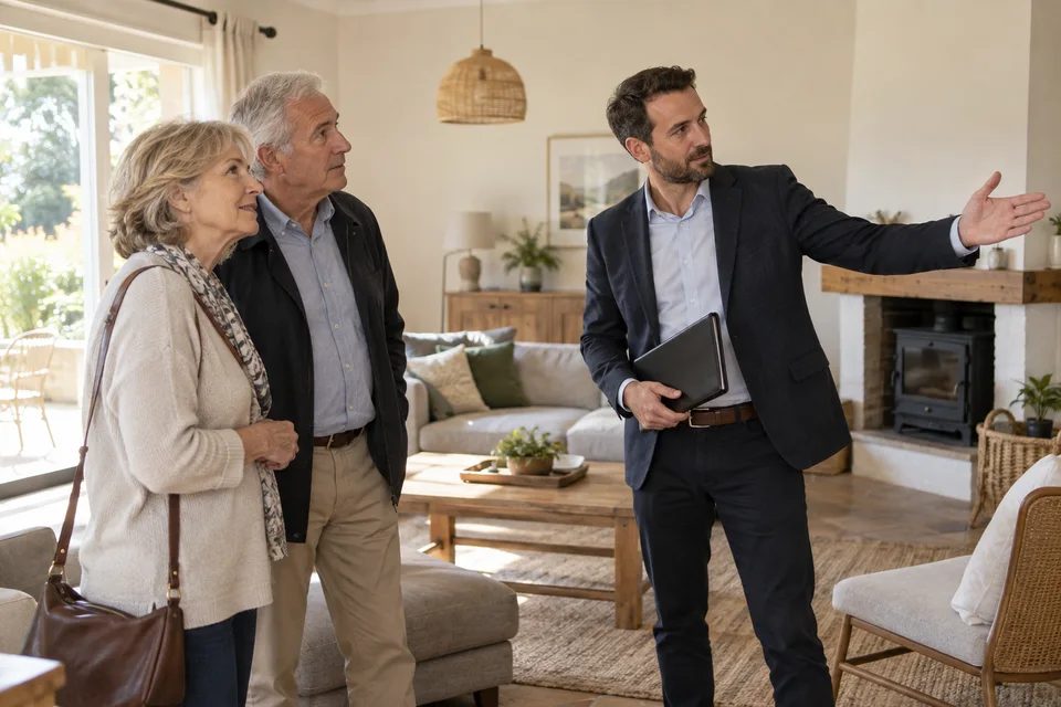 Visite d’une maison avec un agent immobilier et deux adultes Visite d’une maison avec un agent immobilier et deux adultes.