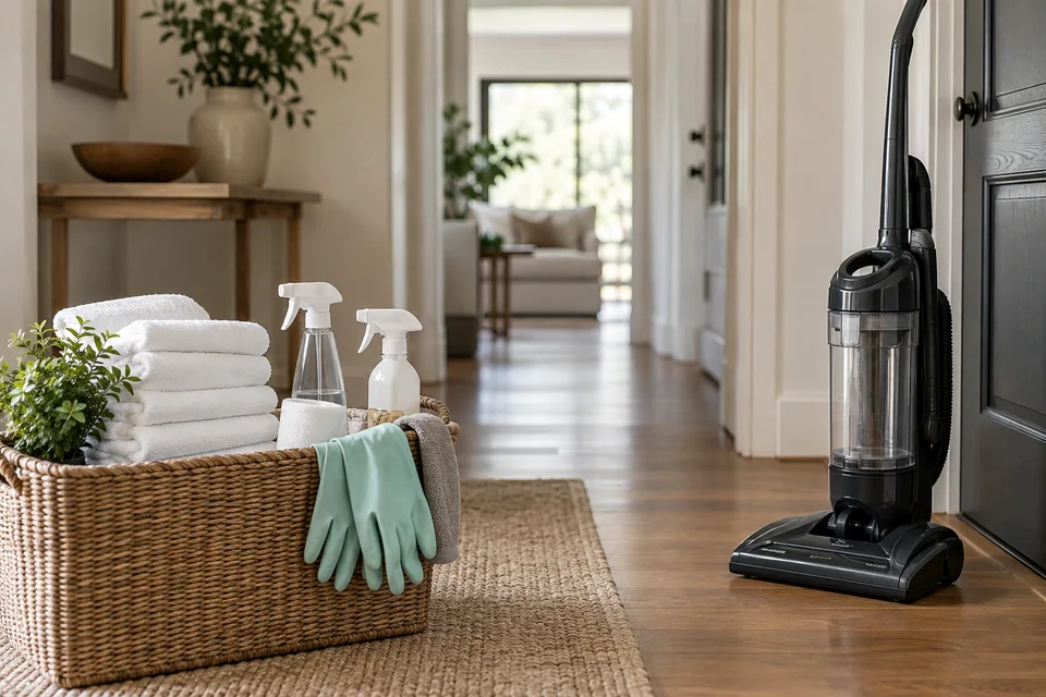Matériel de ménage et linge propre dans une entrée Matériel de ménage et linge propre dans une entrée.