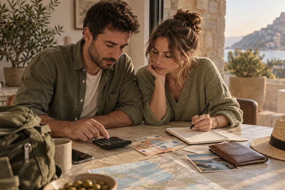 Peut-on payer en plusieurs fois sur Booking.com ? Deux adultes préparent un budget de séjour avec une calculatrice.