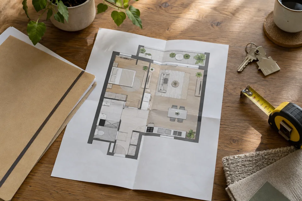 Plan de logement, dossier, clés et mètre ruban Plan de logement, dossier, clés et mètre ruban.
