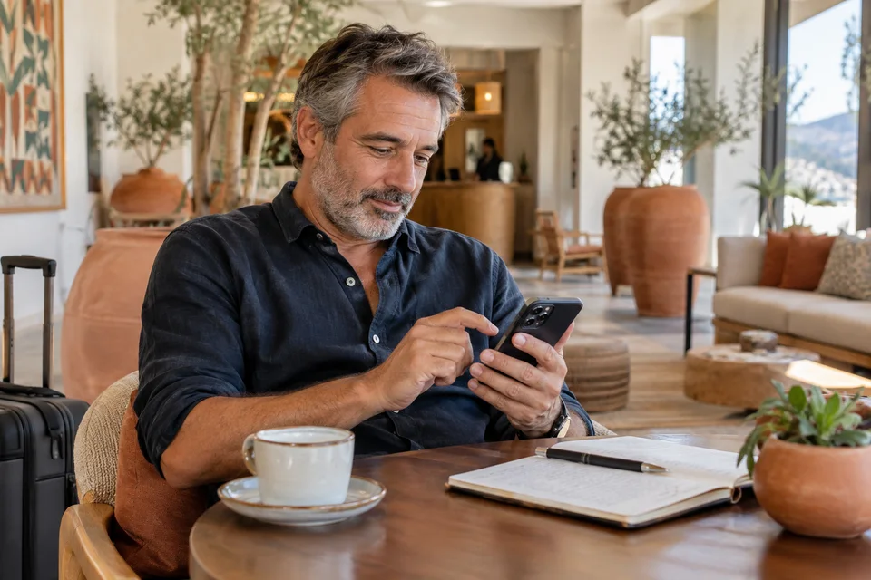 Comment remercier un voyageur Airbnb après un avis positif Un homme rédige un avis sur un téléphone dans un hébergement.