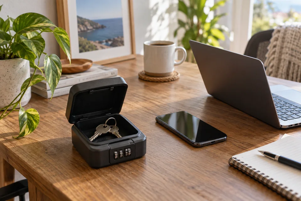 Boîte à clés, téléphone et ordinateur pour gérer un hébergement à distance.