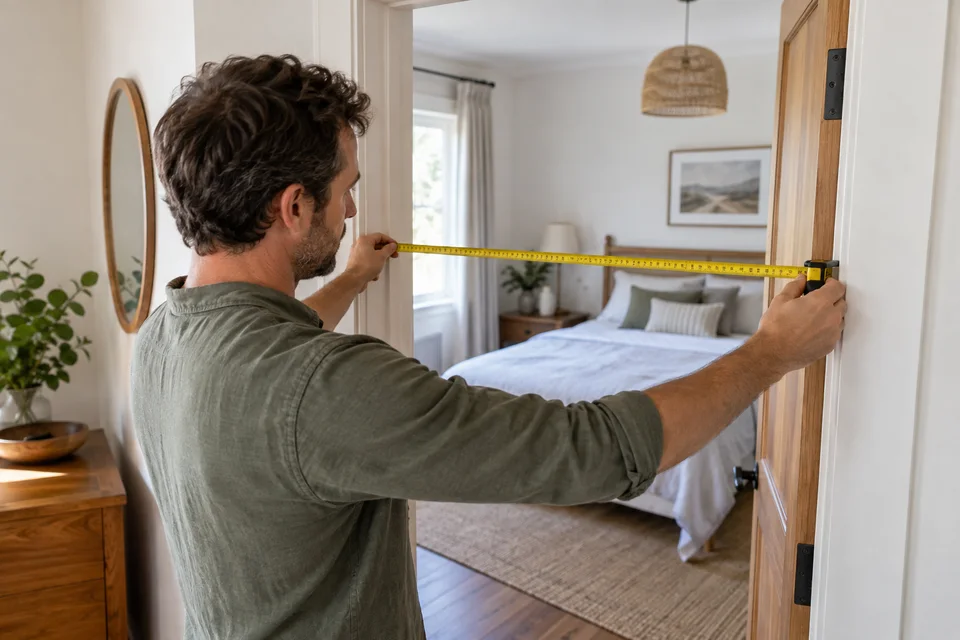 Un propriétaire prend des mesures dans une chambre Un propriétaire prend des mesures dans une chambre.