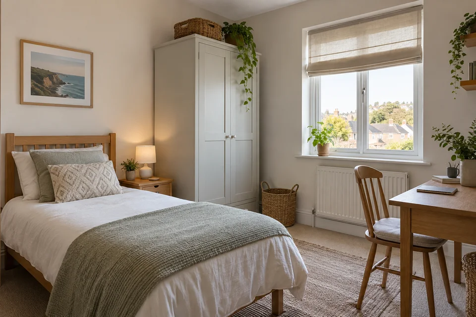Chambre meublée avec lit, armoire et bureau.
